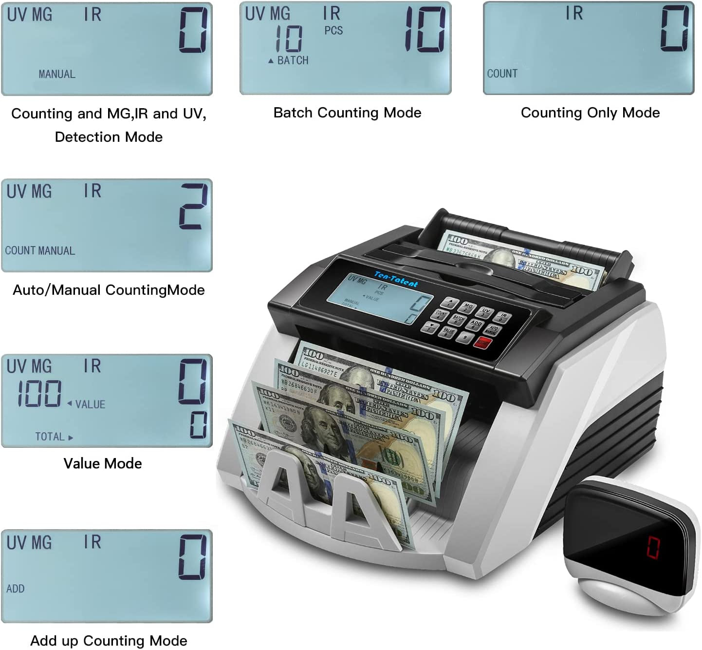 Bill Counter Machine, Money Counting Machine with UV/MG/MT/IR Counterfeit Detection, Count Value of Bills, Valucount, Add and Batch Modes, Large LED Display, 1,000 Bills/Min (Black)