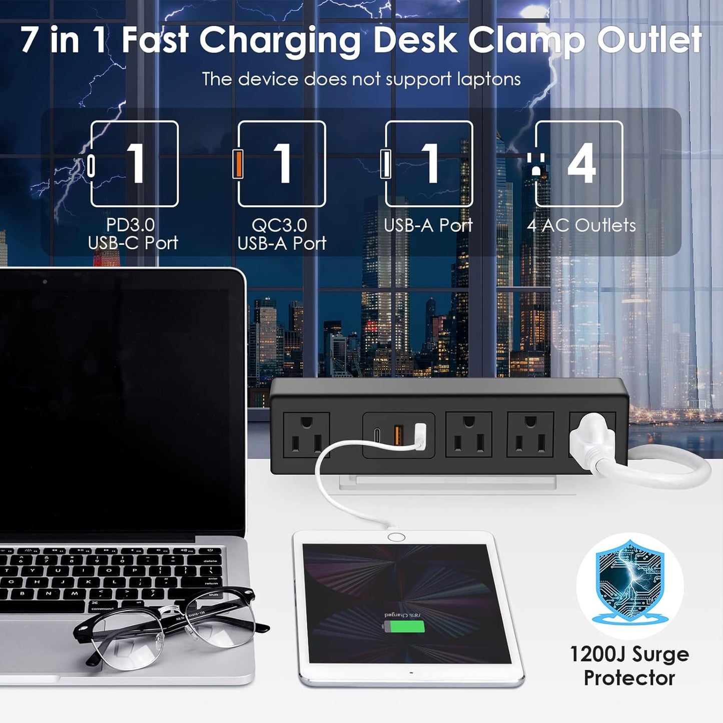 20W USB C under Desk Power Strip, under Mount Surge Protector with 4 Outlet Desktop, Adhesive Wall Mount Strip Socket Table Multi-Outlets with 3 USB Ports, 6FT Cable with Flat Plug - Black