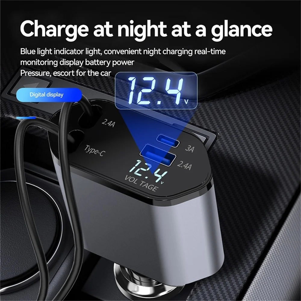 4 in 1 Retractable Car Charger, 100W Fast Car Phone Charger with Iphone and Type C Cable and 2 Charging Ports Car Charger Adapter