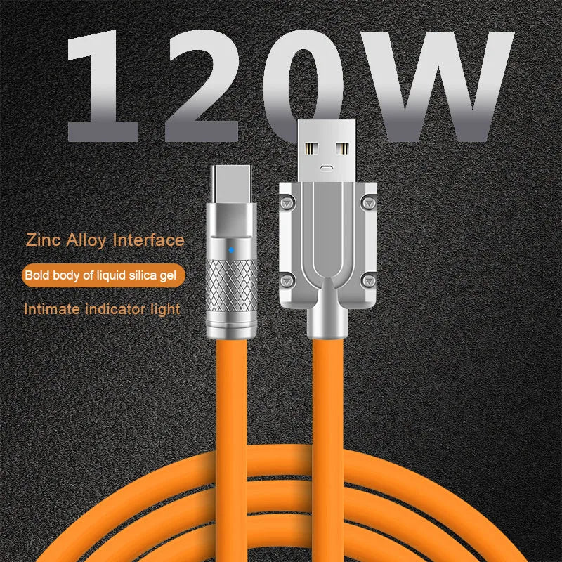 120W 6A Super Fast Charge Liquid Silicone Cable Type-C Charger Data Cable for Xiaomi Huawei Samsung Zinc USB Bold Data Line 1M