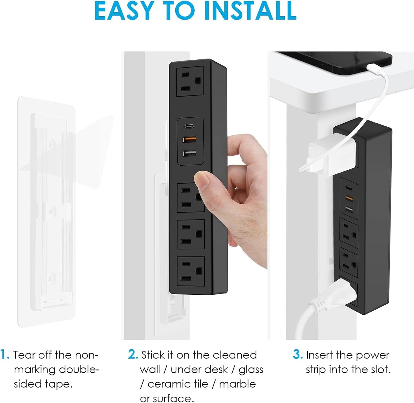 20W USB C under Desk Power Strip, under Mount Surge Protector with 4 Outlet Desktop, Adhesive Wall Mount Strip Socket Table Multi-Outlets with 3 USB Ports, 6FT Cable with Flat Plug - Black