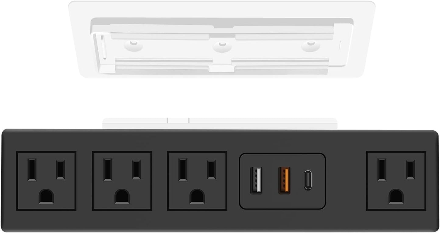 20W USB C under Desk Power Strip, under Mount Surge Protector with 4 Outlet Desktop, Adhesive Wall Mount Strip Socket Table Multi-Outlets with 3 USB Ports, 6FT Cable with Flat Plug - Black