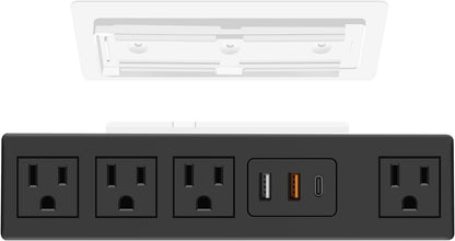 20W USB C under Desk Power Strip, under Mount Surge Protector with 4 Outlet Desktop, Adhesive Wall Mount Strip Socket Table Multi-Outlets with 3 USB Ports, 6FT Cable with Flat Plug - Black