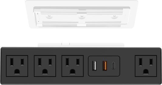 20W USB C under Desk Power Strip, under Mount Surge Protector with 4 Outlet Desktop, Adhesive Wall Mount Strip Socket Table Multi-Outlets with 3 USB Ports, 6FT Cable with Flat Plug - Black