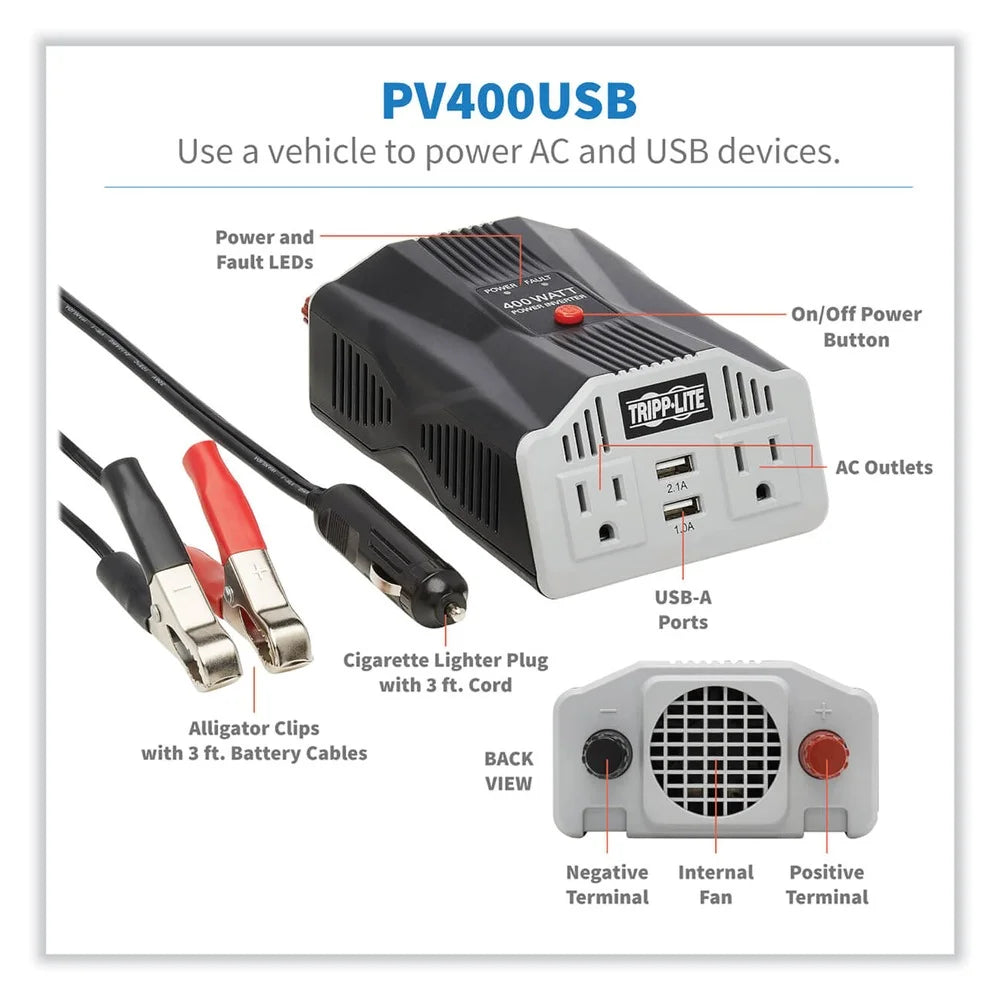 400W Car Power Inverter with 2 Outlets & 2 USB Charging Ports, Ultra-Compact (PV400USB)