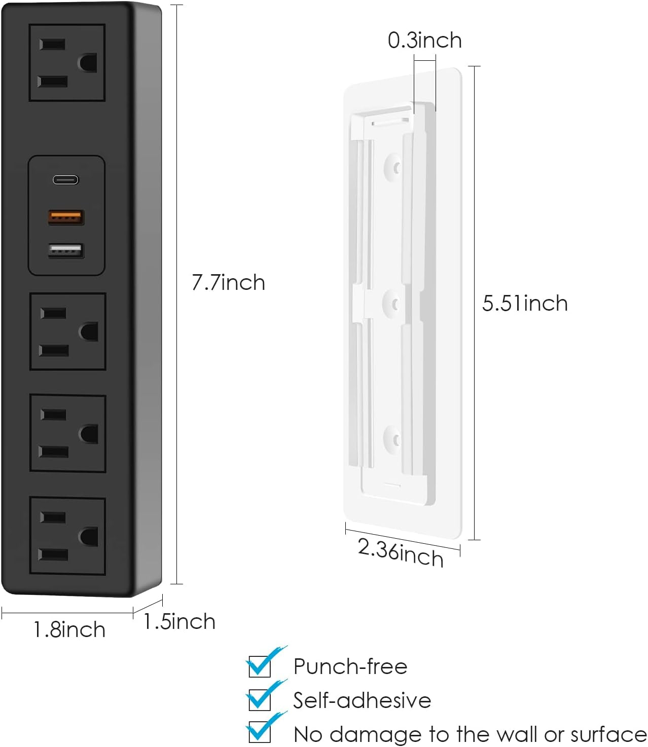 20W USB C under Desk Power Strip, under Mount Surge Protector with 4 Outlet Desktop, Adhesive Wall Mount Strip Socket Table Multi-Outlets with 3 USB Ports, 6FT Cable with Flat Plug - Black